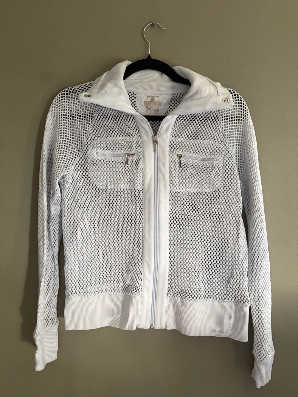 Jones New York Sport White Mesh Zip Front Jacket Medium Sporty Open Knit Cotton
